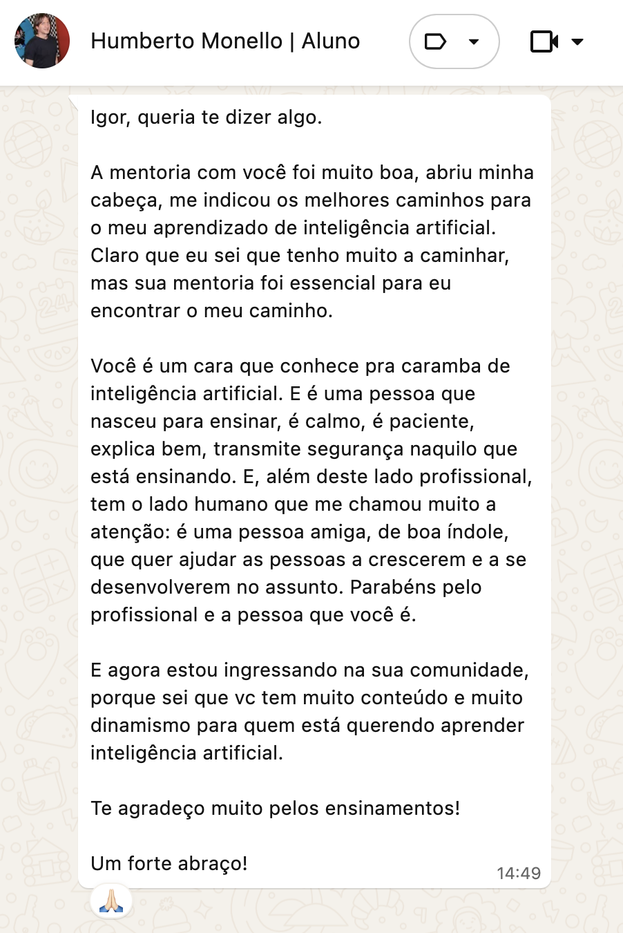 Depoimento de aluno